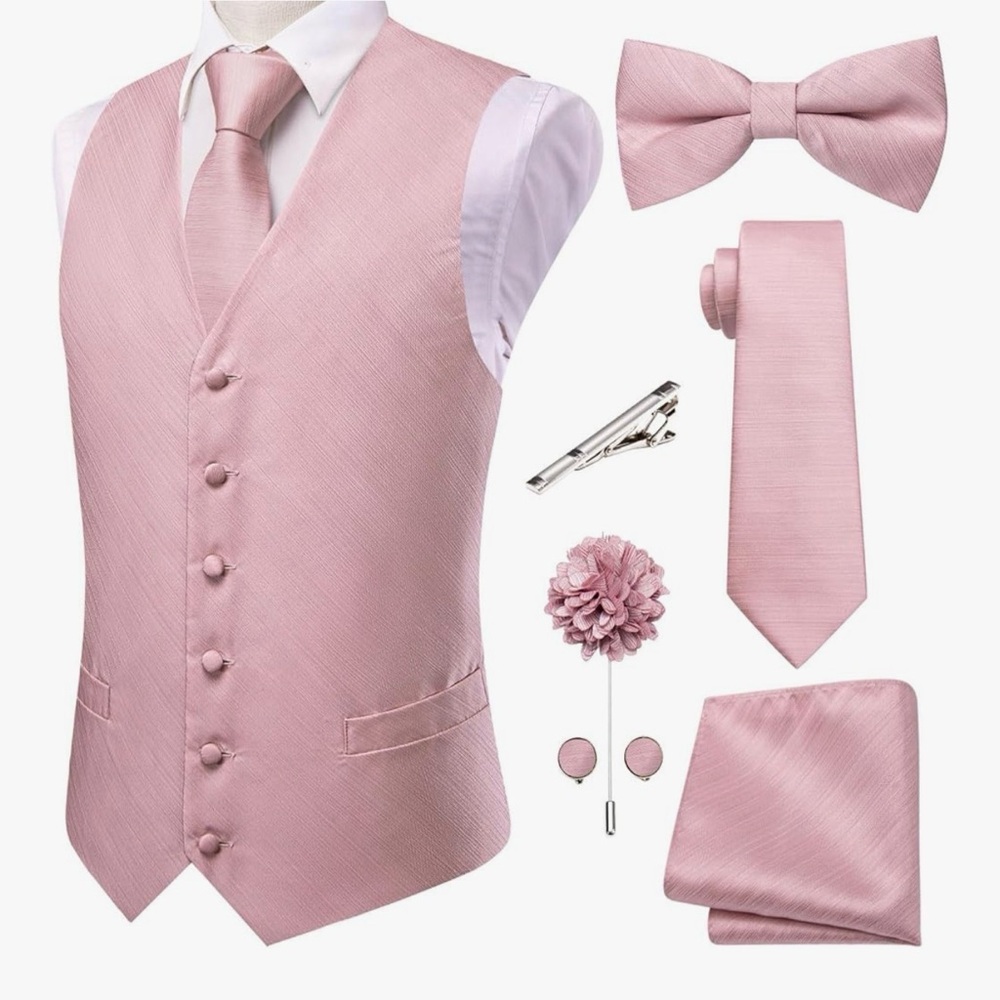 ❤️SOLD❤️ Mens Silk Suit Vest Jacquard 5PCS Cufflinks Lapel Pin Formal Tuxedo